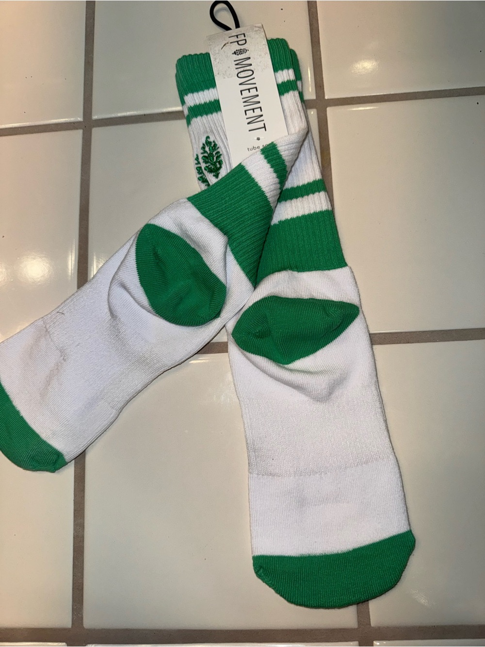 Free People White and Green Striped Athletic Crew Socks